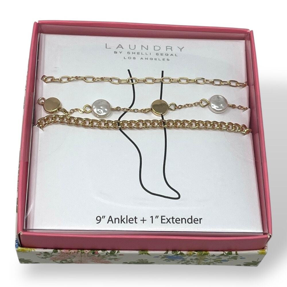 Laundry by Shelli Segal Gold-Tone Anklet Set. Pearl & Coin Charms. New in Box